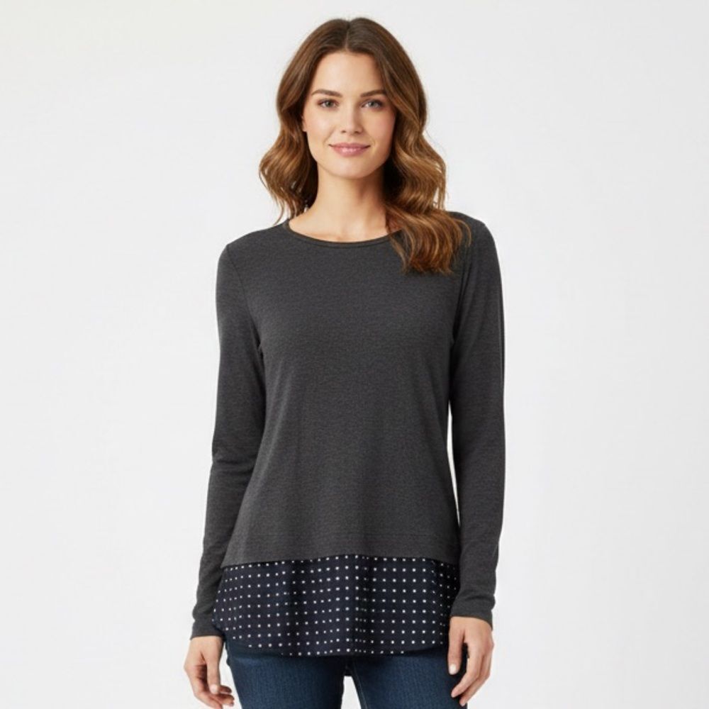 J. Crew Mercantile Twofer Mixed-Media Polka Dot Hem Grey Sweater Size Small